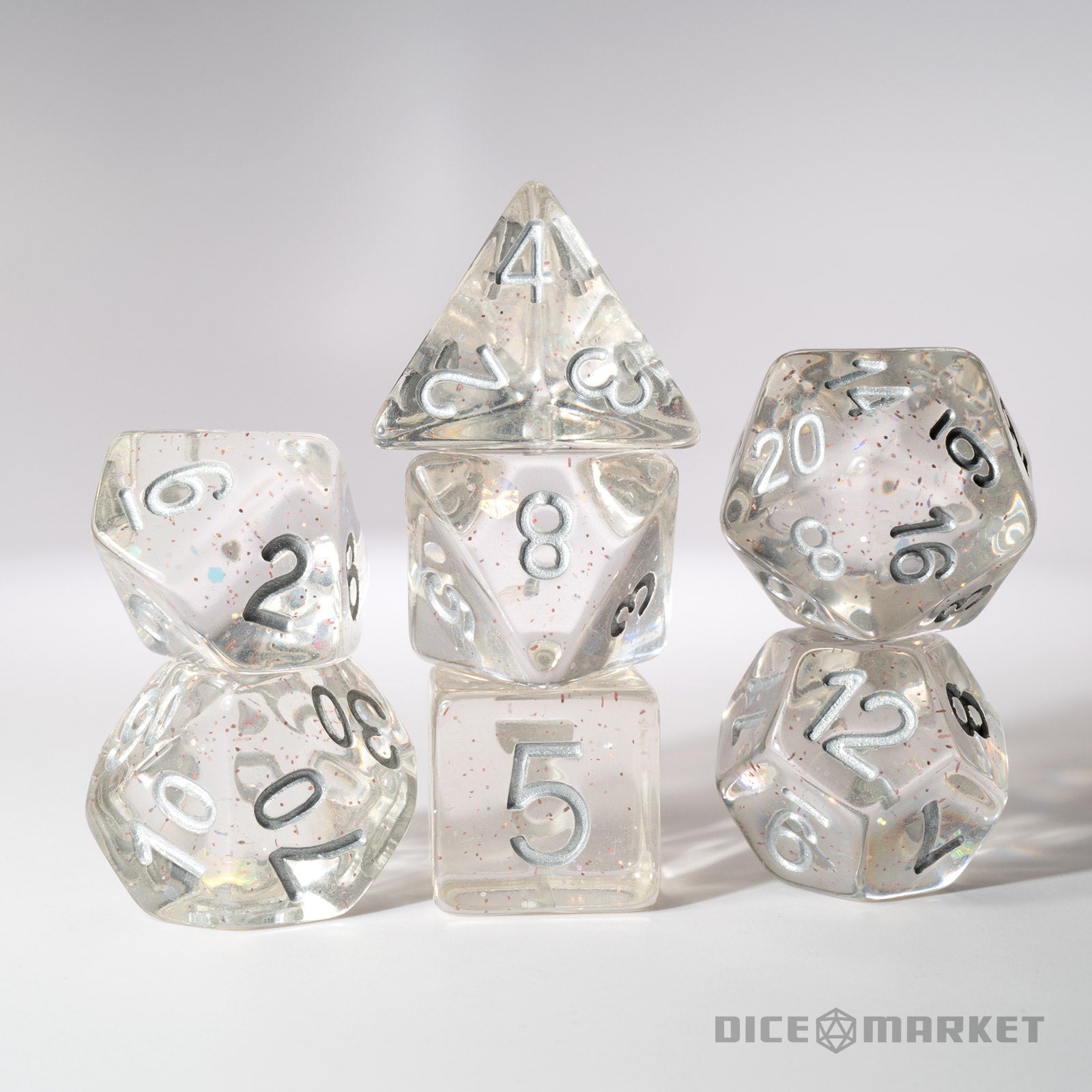 Clear Dice Fine Glitter with Silver Ink 7pc Polyhedral Dice Set